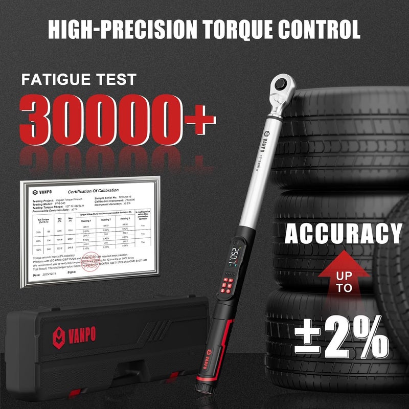 VANPO 1/2-Inch Digital Torque Wrench, 12.5–250.8 ft-lb/17–340 Nm, ±2% Accuracy, Electronic Torque Wrench with LCD Display, Audible & Vibration Alert, Easy Battery Access, for Car & Mechanic Repair - Image 4
